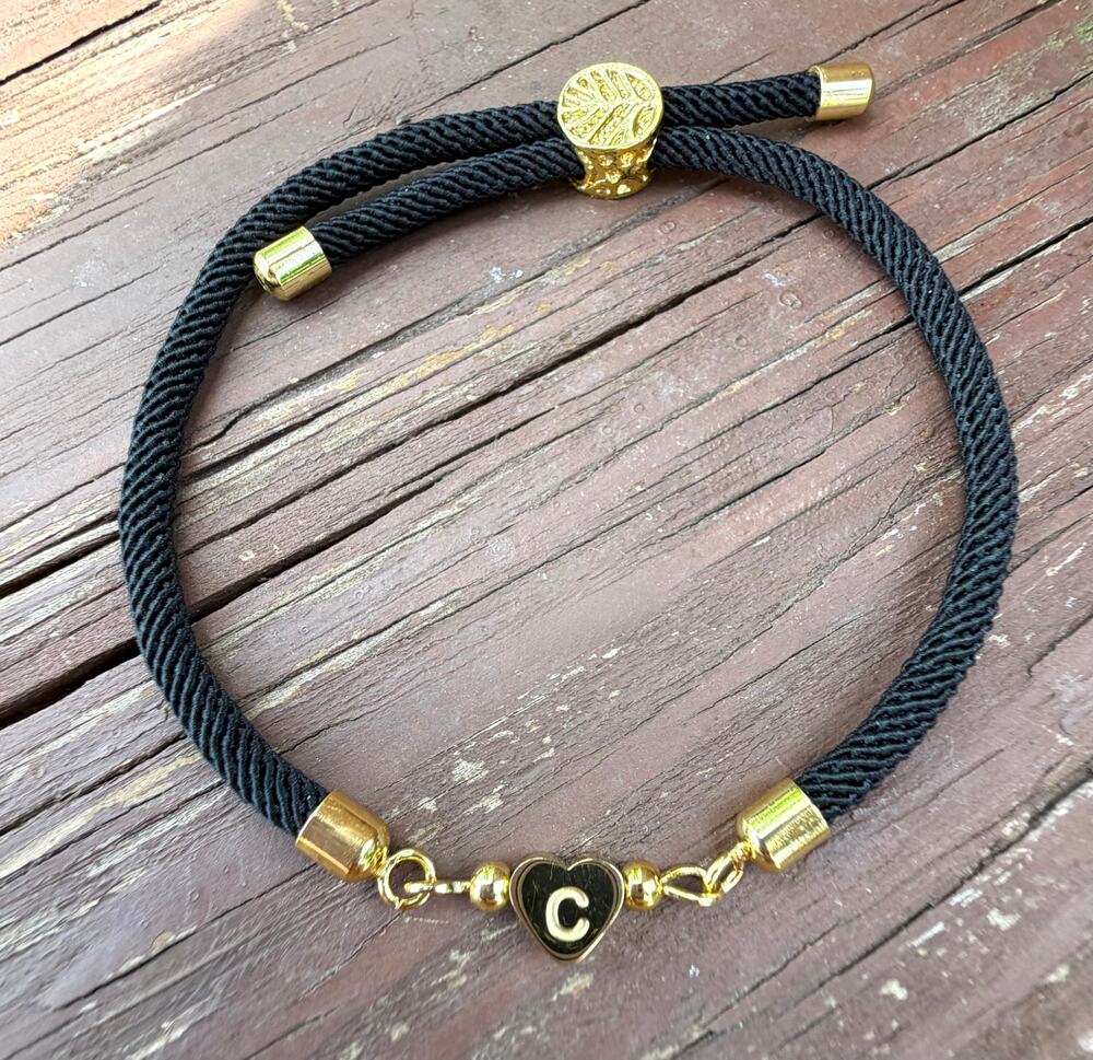 Black Rope Letter "C" Gold Heart Bead Bracelet Women Minimalist Adjustable